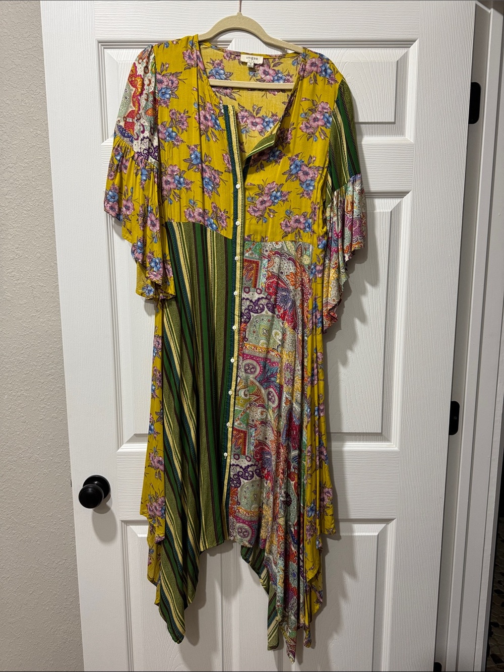 Umgee Mustard Yellow Patchwork Asymmetrical Midi Dress
